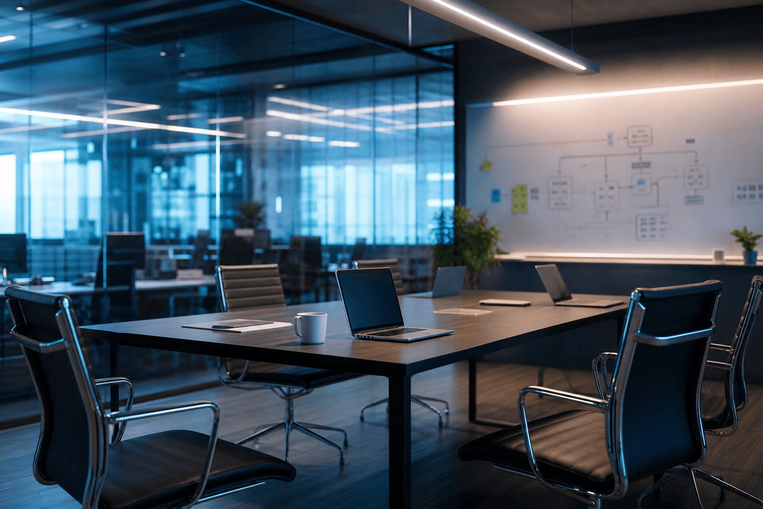 Ambiente corporativo com processos e reuniões de gestão